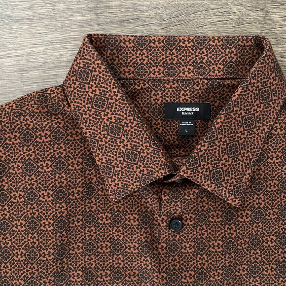 Vintage-Inspired Brown Print Button-Up Collared Retro 70s Long Sleeve Shirt Mens - Picture 2 of 3
